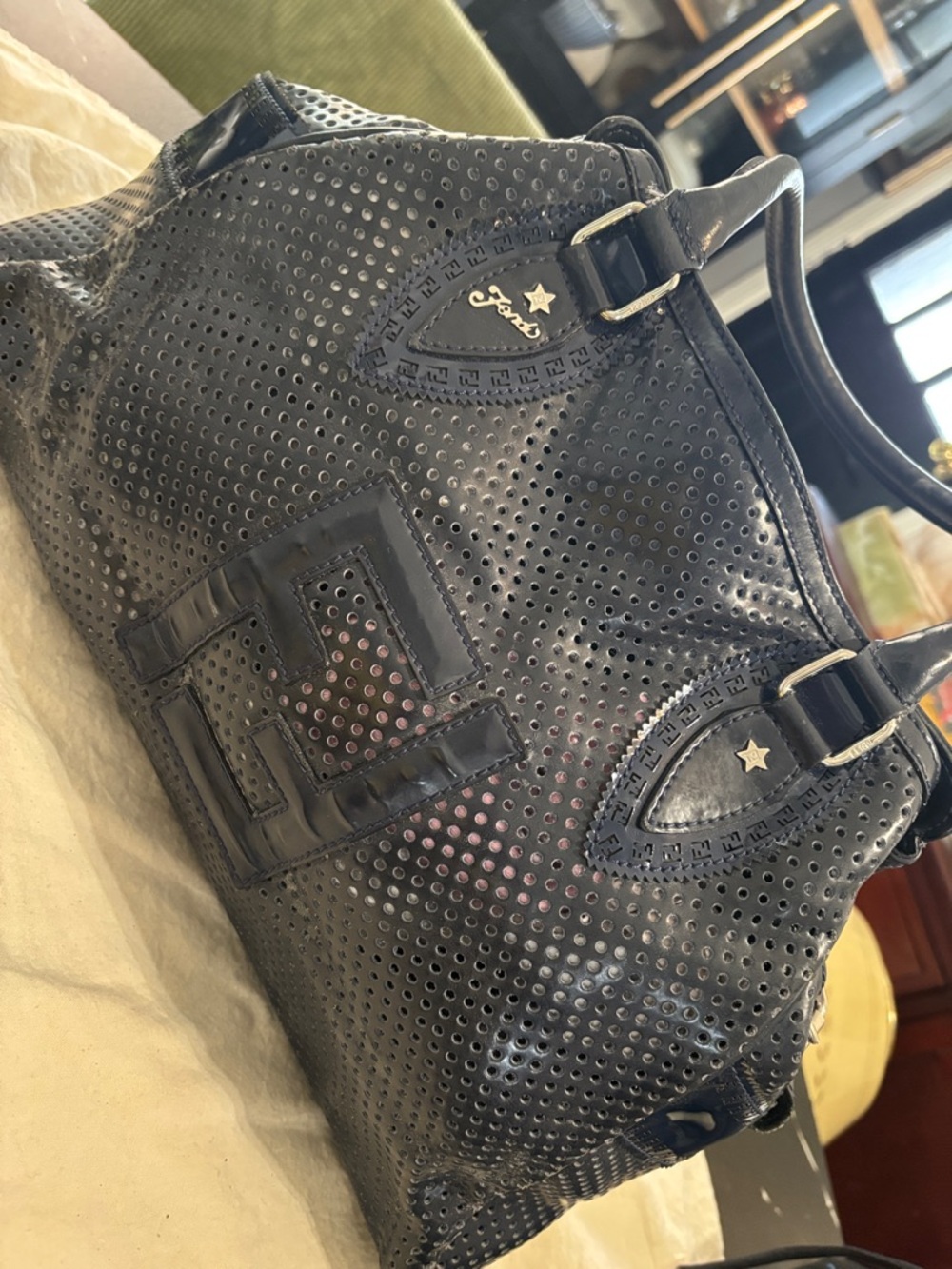 Fendi Perforated Leather Shoulder Bag in Black